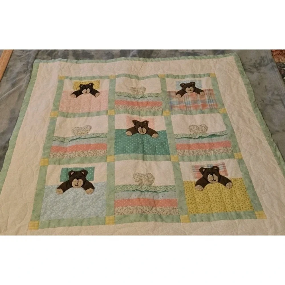 Handmade Teddy Bear Crib Quilt‎ Nursery Baby Blanket Applique Patchwork 32x32